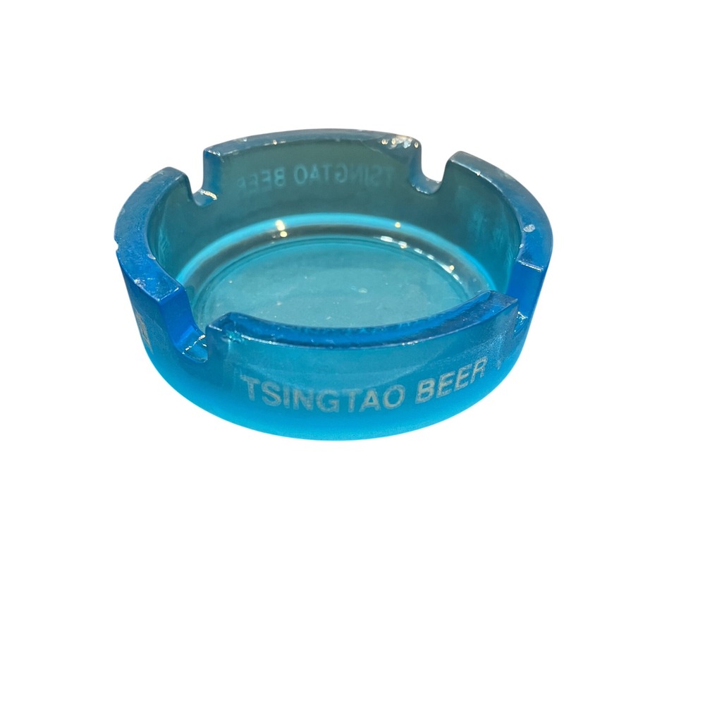 Tsingtao Beer Glass Ashtray Blue Translucent Round Bar‎ Tobacciana Collectible